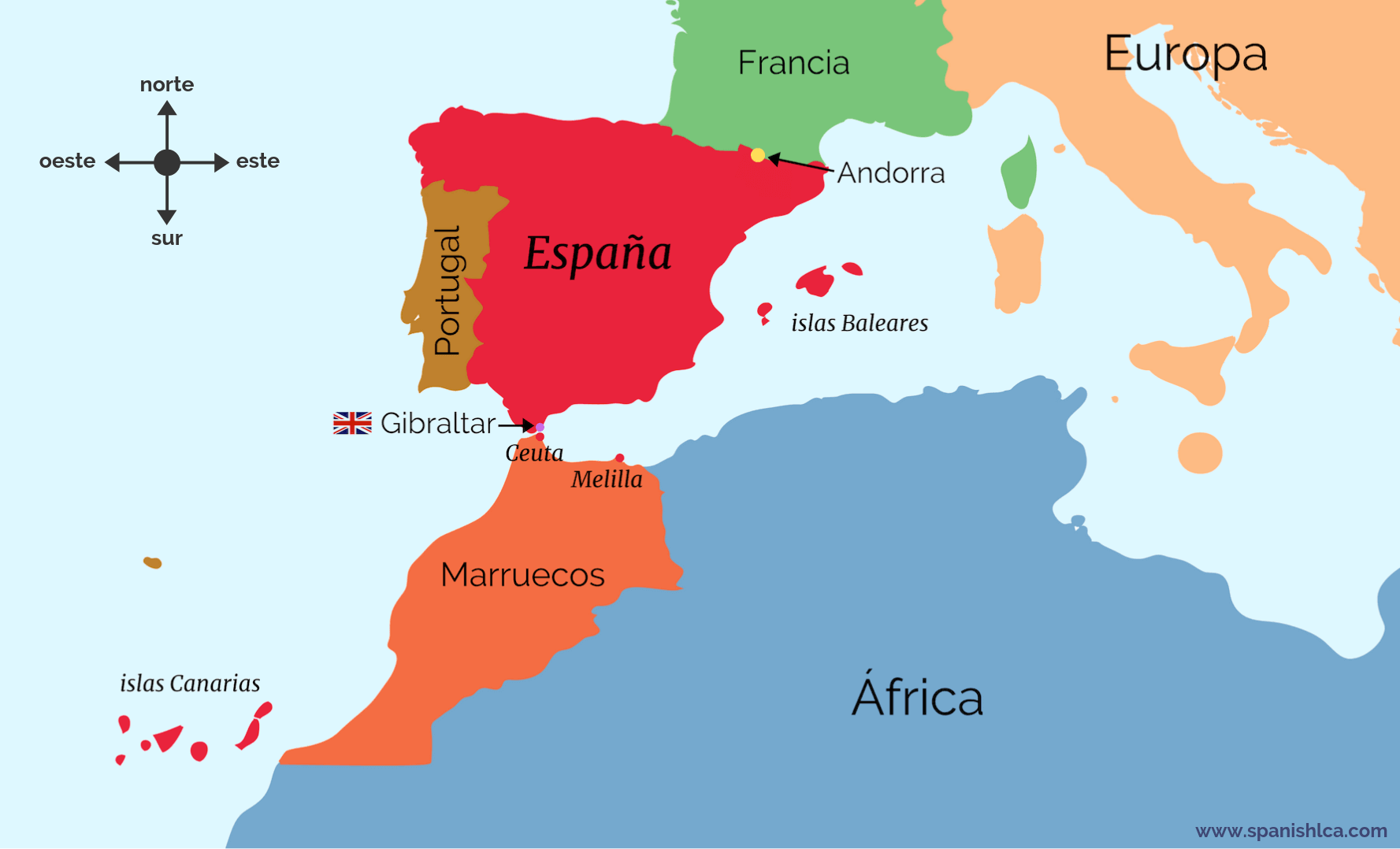 Mapa que muestra las fronteras de España: Francia, Andorra, Portugal, Reino Unido y Marruecos
