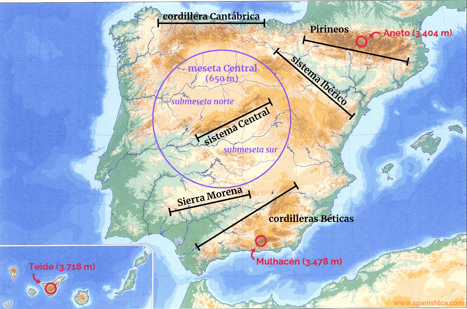 Mapa de los sistemas montañosos de España y la meseta Central